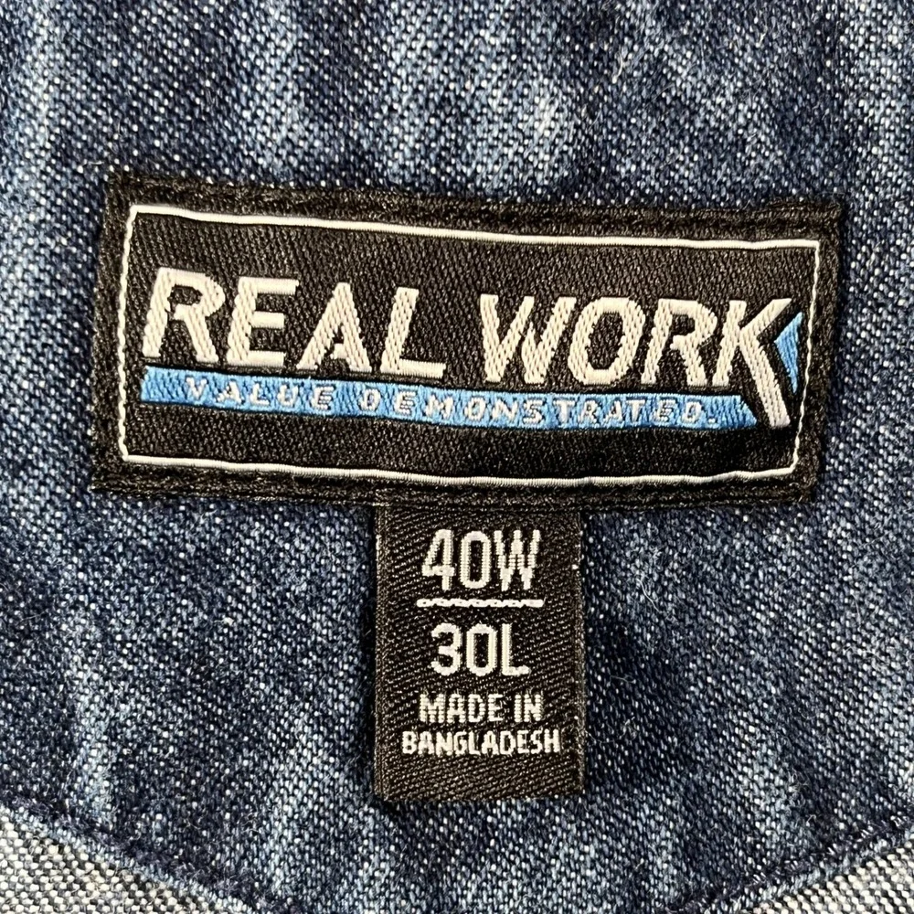REAL WORK Bib Overalls Mens 40x30 Blue Denim Dungarees Workwear Casual Carpenter